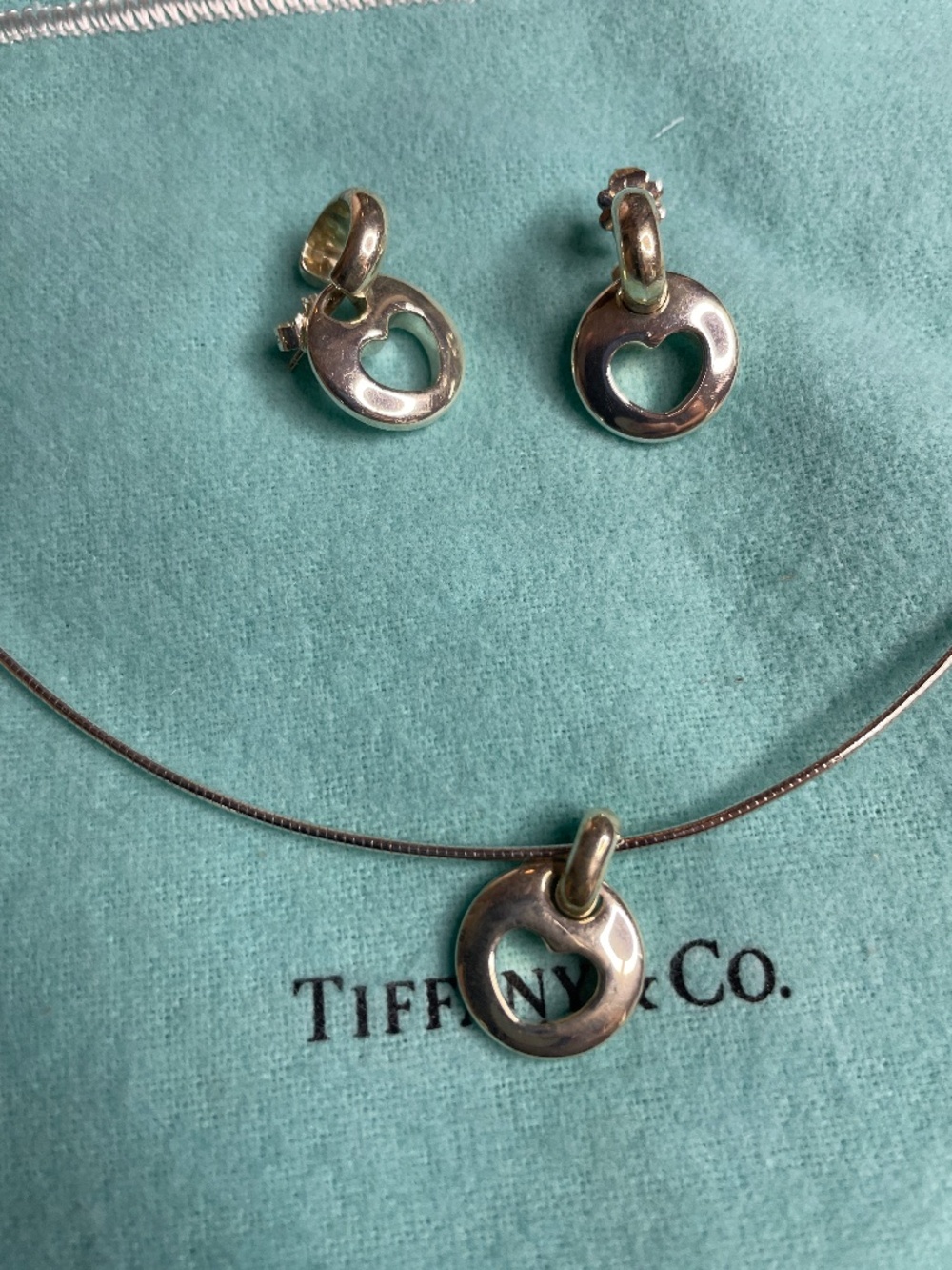 Tiffany & Co 1999 925 Silver Heart Stencil Pendant Wire Necklace and Earrings